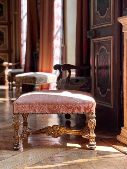 Large square stool in carved and gilded wood,...