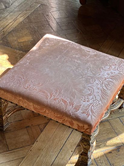 Large square stool in carved and gilded wood,...