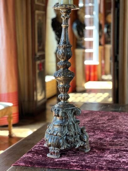 Carved and varnished wood lamp stand with...