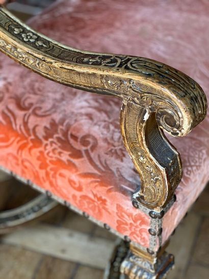 Pair of large armchairs in richly carved,...