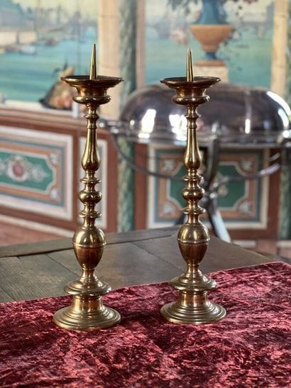 Pair of brass picnic tables with baluster...