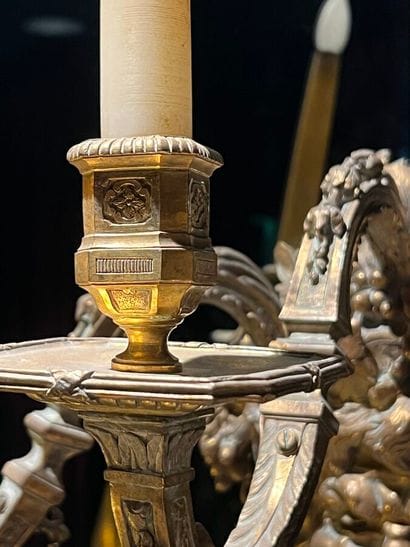 Pair of three-light bronze sconces adorned...