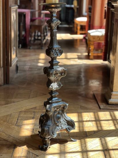 Large repoussé copper candlestick mounted...