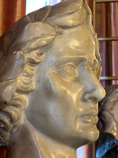 Sculpted pedestal bust in white and gray...