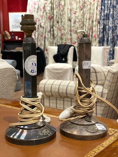 Pair of silver-plated metal lamps, hexagonal...
