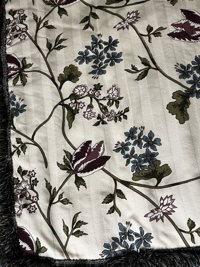 Pair of white cotton curtains with flower-printed...
