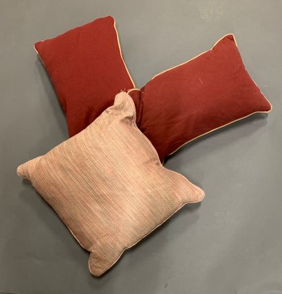 Set of three cushions, two red, one multicolored,...