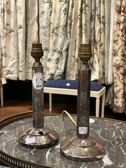 Pair of silver-plated metal lamps, hexagonal...