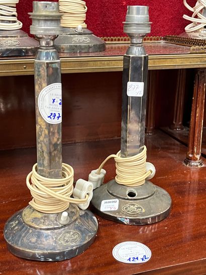 Pair of silver-plated metal lamps, hexagonal...