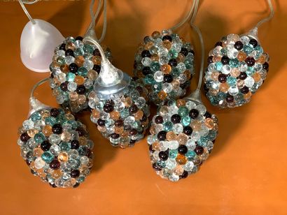 Suite of six multicolored glass bead cone-shaped...
