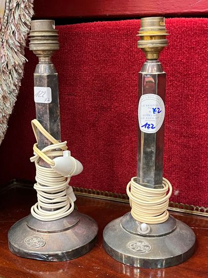 Pair of silver-plated metal lamps, hexagonal...