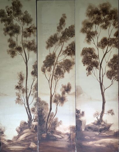 Three decorative panels depicting trees in...