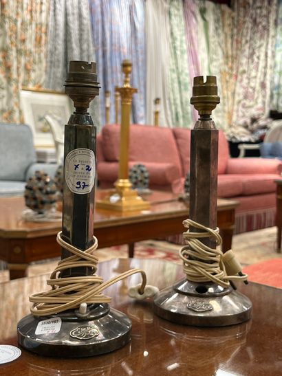 Pair of silver-plated metal lamps, hexagonal...