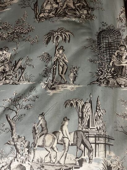 Pair of sky-blue toile de Jouy curtains printed...