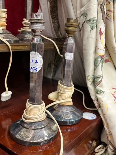 Pair of silver-plated metal lamps, hexagonal...