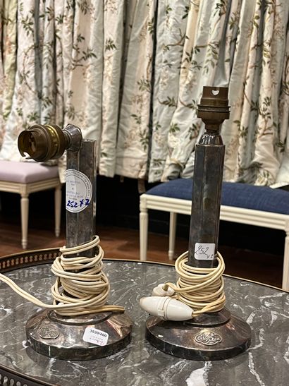 Pair of silver-plated metal lamps, hexagonal...