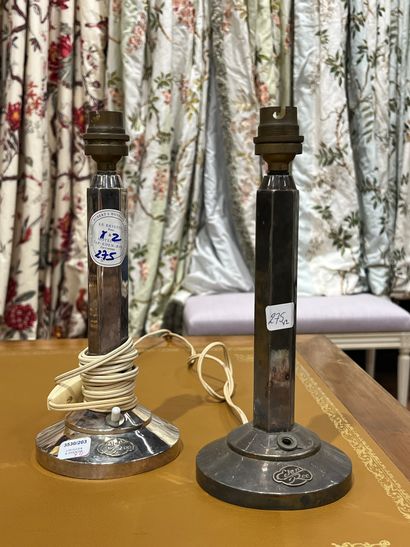 Pair of silver-plated metal lamps, hexagonal...
