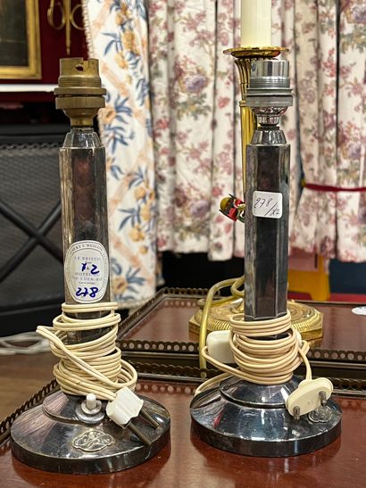 Pair of silver-plated metal lamps, hexagonal...
