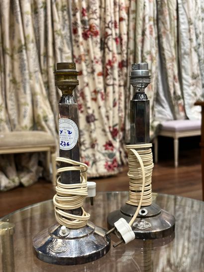 Pair of silver-plated metal lamps, hexagonal...