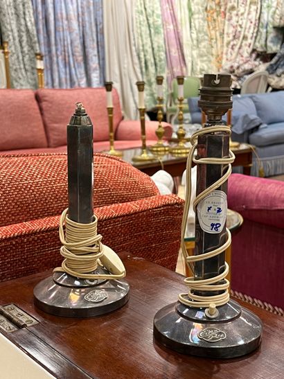 Pair of silver-plated metal lamps, hexagonal...