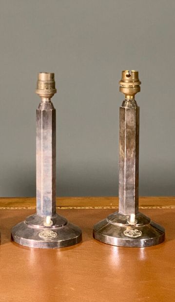 Pair of silver-plated metal lamps, hexagonal...