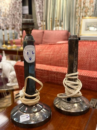 Pair of silver-plated metal lamps, hexagonal...