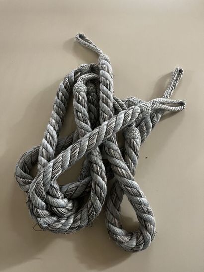 Four blue passementerie tiebacks (worn, threads...