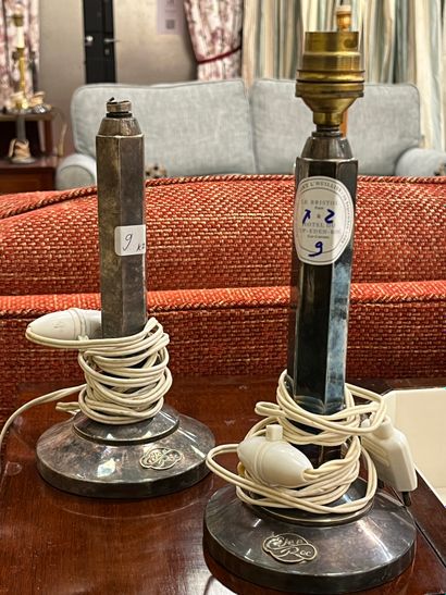 Pair of silver-plated metal lamps, hexagonal...