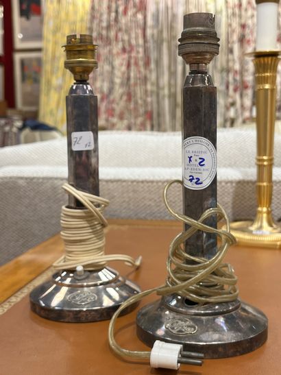 Pair of silver-plated metal lamps, hexagonal...