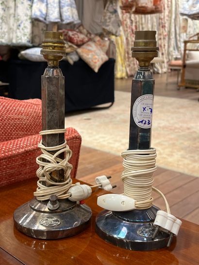 Pair of silver-plated metal lamps, hexagonal...