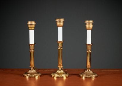 Pair of ormolu lamps, fluted shaft, circular...