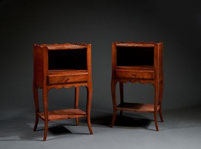 Pair of Louis XV style stained walnut bedside...