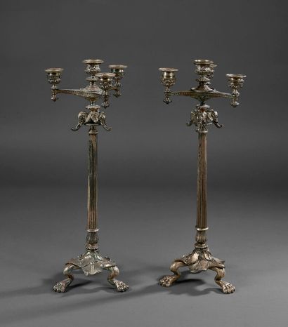 Pair of chased bronze and silver-plated 4-light...