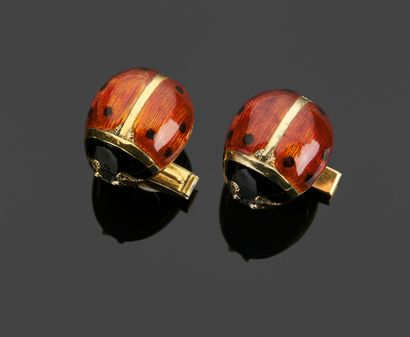 Pair of red and black enameled ladybug cufflinks...
