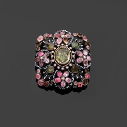 Rectangular enameled silver brooch set with...