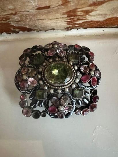 Rectangular enameled silver brooch set with...