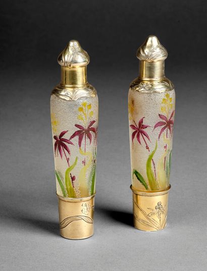 Pair of enameled glass liqueur flasks with...