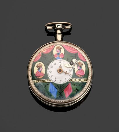 Montre de poche en argent, cadran émaillé...