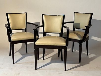 Three Art Deco armchairs in black lacquered...