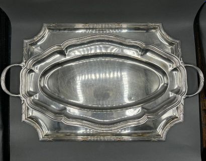 Silver-plated metal tray with two leafy handles,...