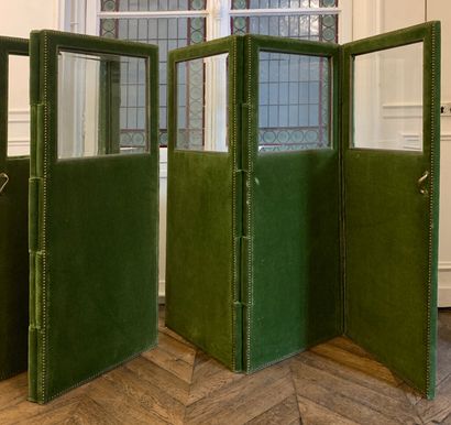 Pair of three-leaf folding screens lined...