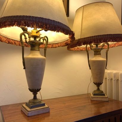 Pair of white marble and bronze lamps in...