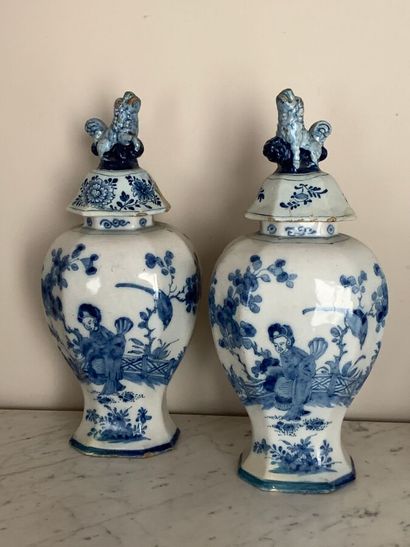 Pair of Delft earthenware covered vases with...