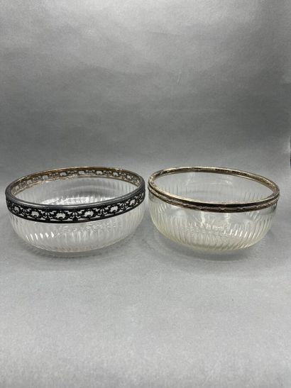 Two cut-crystal salad bowls, silver rims...