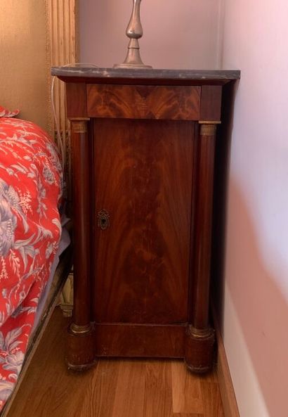Two mahogany veneered bedside tables (wear,...