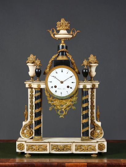 Large portico clock in white marble and black...