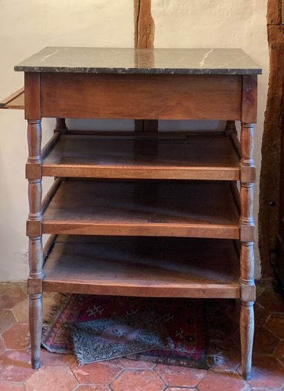 Walnut writing desk, turned legs connected...