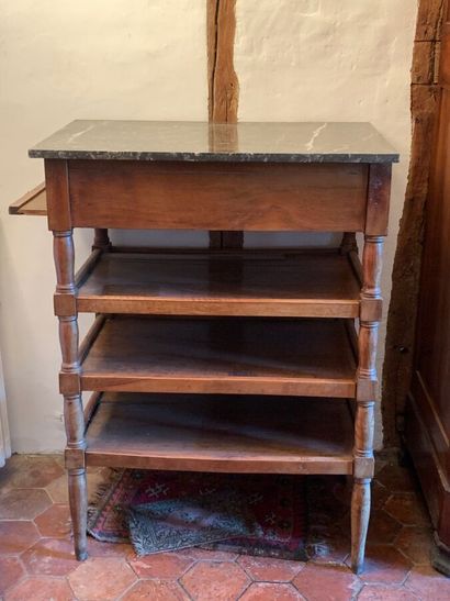 Walnut writing desk, turned legs connected...