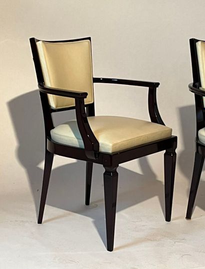 Three Art Deco armchairs in black lacquered...