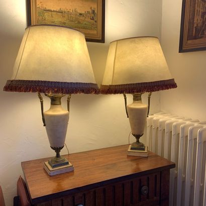 Pair of white marble and bronze lamps in...